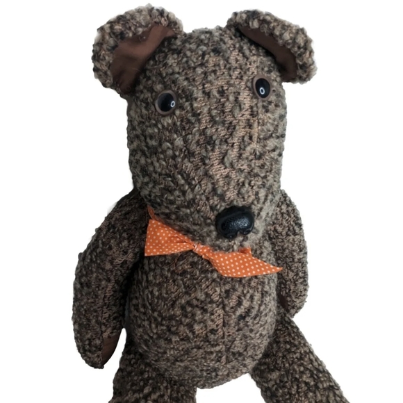 Vintage Handmade Teddy Bear | 30" Tall Curly Heather Brown Plush with Bow - Picture 8 of 11